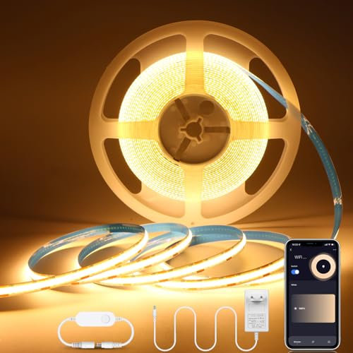 AIMENGTE WiFi COB LED Streifen, 5M Warmweiss 24V 2700K 320LEDs/M, Dimmbar APP mit Sprach steuerung Zeitschaltuhr LED Strip, CRI>90 für Schrankleuchte, Heim Deko, DIY, TV, Küche, Party