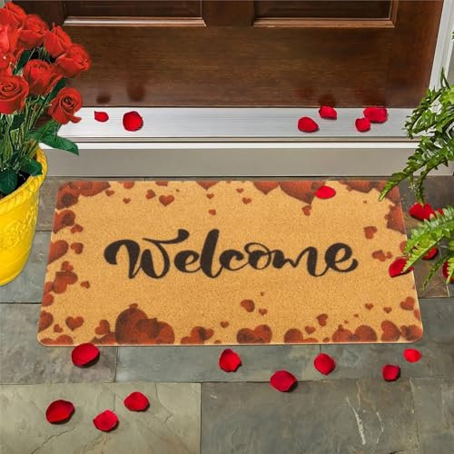 XuoAz Valentine's-Day Love-Door-Mat Red Heart-Welcome-Mats Non Slip Coir Front Door Mat for Indoor Outdoor Entrance Decor 17 x 29 Inches