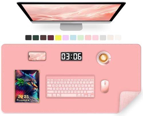 Tapis de Bureau 90 x 43 CM, Protecteur de Tapis de Bureau en Cuir PU, Tapis de Souris Antidérapant, Tapis d'Ordinateur Facile à Nettoyer pour le Bureau, Tapis de Table (Rose Melon)