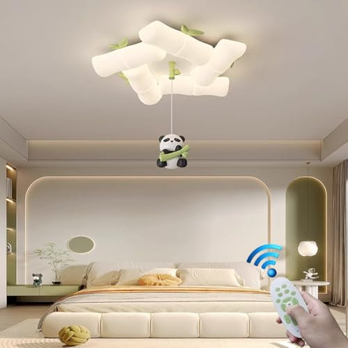 Stesulfr Schlafzimmerlampe mit Fernbedienung LED Bambus kreative Deckenleuchte in Cartoon Panda Form Innendekoration Jungen Mädchenzimmer Pendelleuchte Lampenschirm Restaurant Kücheninsel Deckenlicht(