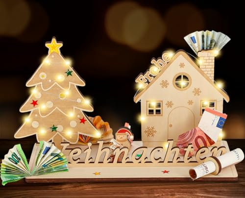 Giftota Geldgeschenk zu Weihnachten mit LED Lichterkette, Kreative Weihnachten Geldgeschenk Holz, Geldverpackung Weihnachten, Geschenkideen Weihnachten Geschenk für Mann Frau Freund Familie