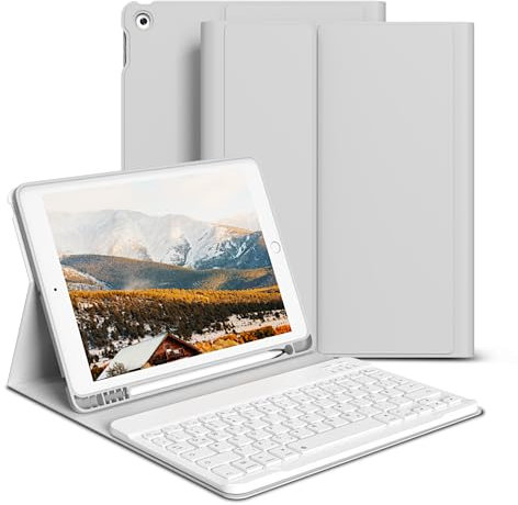 GKABXY hülle mit Tastatur für iPad 9/8/7 Generation (2021/2020/2019) 10,2 Zoll, weiche TPU-Rückseite mit Stifthalter, QWERTZ Layout, magnetische abnehmbare Bluetooth Tastatur, Grau
