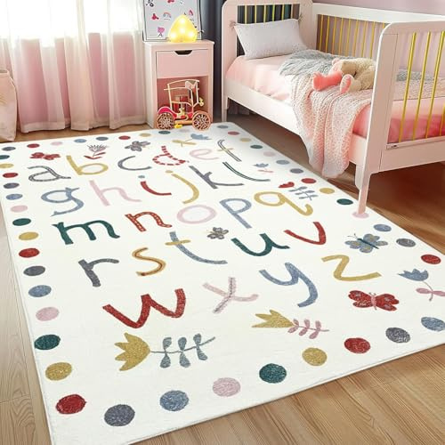 USTIDE Flauschiger Wollteppich für Kinderzimmer, bunt, mit Buchstaben, weich, cremefarben, maschinenwaschbar, rutschfest, pädagogischer Teppich für Kinder, Spielzimmer, Klassenzimmer, Dekoration, 150