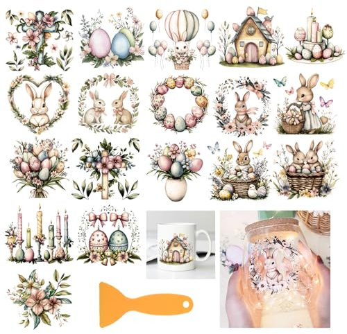 GLOBLELAND 18 Blatt Osterhasen Eier Zum Aufreiben 3.9x3.6 Zoll Bunte Kaninchengirlande Schleife Aufkleber Für Zuhause Blumenbecher Aufkleber Für Möbel Vasen Glas Kunsthandwerk Dekorationen