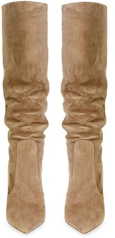 Stivali Alti Fino al Ginocchio da Donna Sexy a Punta con Tacco a Spillo a metà Polpaccio Classici Eleganti in Tinta Unita alla Moda in camoscio Lunghi Stivali da infilare,Brown 1,39 EU