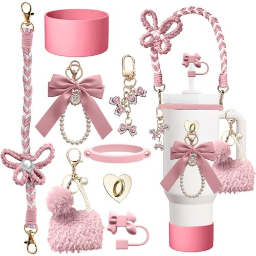 Stanley Cup accessories, butterfly-themed set, including straw cover, silicone cover, water bottle handle strap, Stanley Cup pendant, suitable for 30oz & 40oz Stanley Cup (Pink)