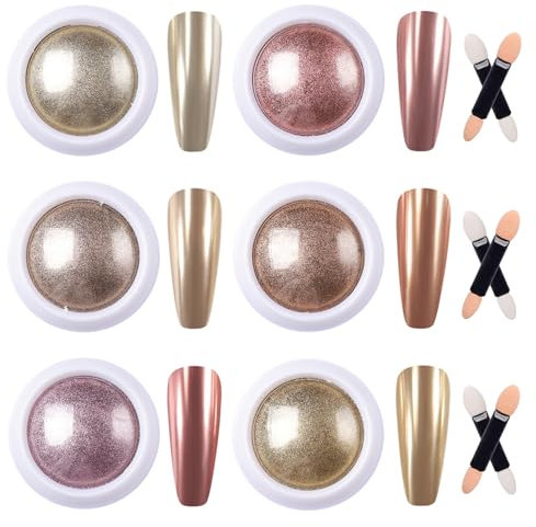 GZMAYUEN Nail Chrome Powder Set - 6 Colors Metallic Gold Mirror Effect Pigment Chrome Powder for Nail Art Decorations