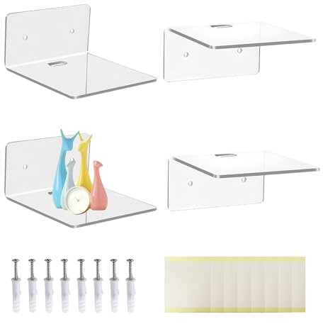 GIDWRIY Lot de 4 Petite Etagere Murale sans Percage, Mini Tablette Murale en Acrylique, Étagère Flottante Transparente, Étagère Murale Suspendue, Petites Étagères Décoratives, Mini Etagere Invisible