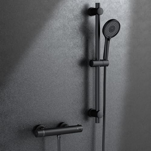 MORADO Duscharmatur Schwarz mit Brausegarnitur,Duscharmatur Kompletset(mit Brausegarnitur 700 mm),Duschsystem mit Thermostat,Handbrause mit 3 Funktionen