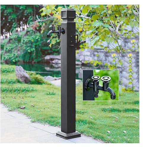 Colonne d'eau de jardin extérieure avec double robinet, fontaine autoportante avec support de tuyau, robinet fixé au sol, pour arrosage de jardin, ferme, cour, noir - 95 cm/37,4 po (A 95 cm/37,4