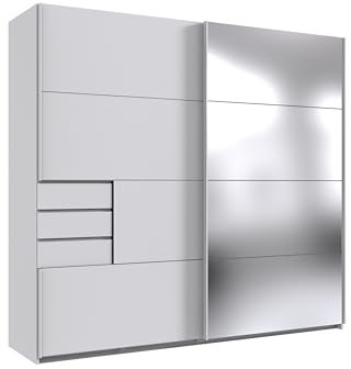 Schwebetürenschrank >Saigon< Weißer Kleiderschrank mit Spiegeltür, 225 cm Breit, 208 cm Hoch, 64 cm Tief, Modernes Design mit 4 Einlegeböden & 3 Schubladen, Made in Germany, Zerlegt geliefert