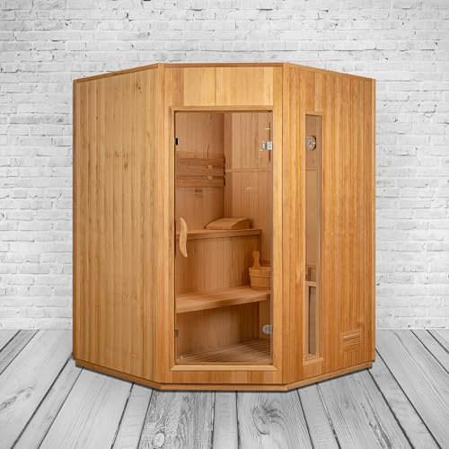 Sauna finlandais Alaska I pour 3 personnes - Bois de Hemlock de qualité supérieure - Poêle Harvia 4500 W - Kit d'accessoires - Porte vitrée, sablier, thermomètre, éclairage - Montage facile et