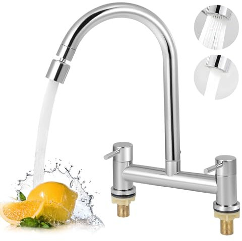 2 Hole Bridge Mixer Taps, Kitchen Sink Mixer Tap with 2 Function Aerator, Hot and Cold Dual Lever Kitchen Taps, 180mm Centers Deck Mounted Faucet, 1/4 Turn, 360° Swivel Spout, Chrome(Silver)