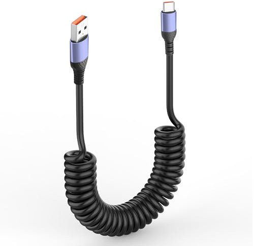 JSADZKJ Câble de charge rapide USB vers type C - Câble spiralé USB-A vers USB-C - 6 A - Câble de charge rétractable USB de type C - Câble court pour voiture, téléphones, tablettes, banques