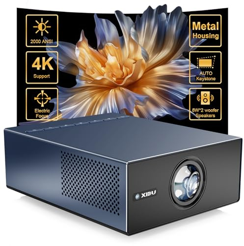 4K-projektor med WIFI och Bluetooth, XIDU 1500ANSI elektrisk fokus aluminiumlegeringsprojektor, auto Keystone 1080P filmprojektor, dubbel 8 W högtalare, hemmabio bärbar projektor för telefon (marinblå