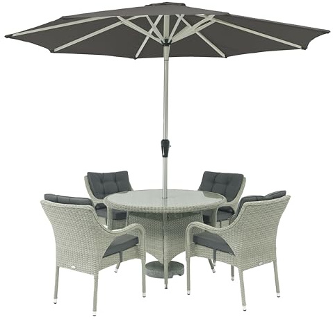 Bramblecrest Cherington Cloud Rattan 4 Seat Round Dining Set with Parasol & Base