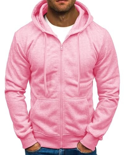 Felpe con cappuccio da uomo, a maniche lunghe, in pile, con cerniera, classica e confortevole, con cappuccio, abbigliamento invernale, con cerniera e tasche, rosa, L