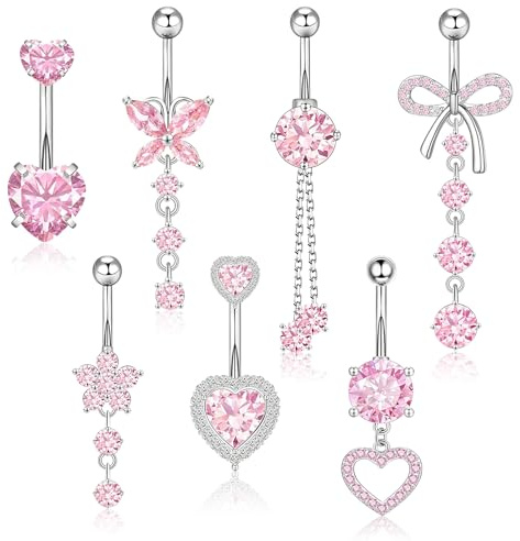 Spetsbst Lange Bauchnabelpiercing Rosa 7 Stück 10mm Hängende | Schmetterling und Herz Designs mit Perlen Strass Bauchnabelpiercing Set