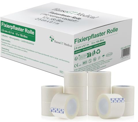HansaGT Medical Fixierpflaster Rolle, Pore Pflasterrolle 12 Rollen 2,5 cm x 9,1 m, Atmungsaktives Pflaster zur Fixierung von Kathetern & Verbänden, Hautfreundlich, hypoallergen, hochklebend