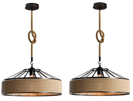 Pack of 2 Metal & Rope Pendant Light Fitting, 40cm Retro Hemp Rope Black | Rustic Industrial Ceiling Hanging Light with 1m Rope Cable Pendant Lamp Fitting for Kitchen, Living Room, Bedroom, Hallways