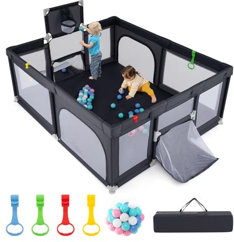 COSTWAY 188 x 157cm Laufstall Baby Faltbar, Laufgitter mit Basketballkorb, Fußballnetzen, 50 Ozeanbällen & Griffen, Krabbelgitter mit atmungsaktivem Netz, Tragetasche (Dunkelgrau)