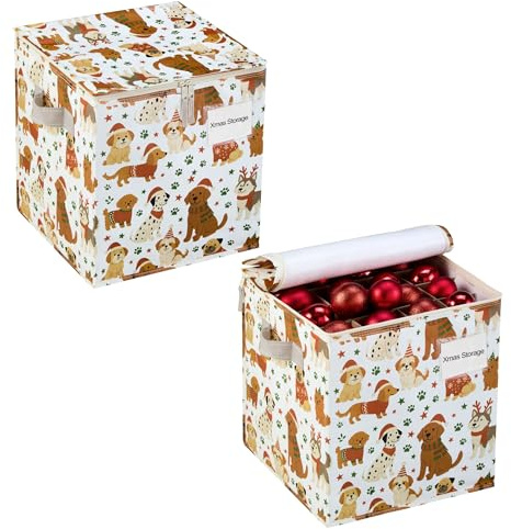 VENO 2 Pack Christmas Ornament Storage Box, Stores up to 64 Holiday Ornament, Adjustable Dividers, Zippered Top, Two Handles and Dual Zipper (Holiday Pups - 2 Pack)