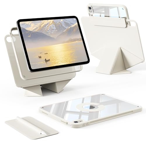 KTGGHG Magnetic Folio Case for iPad A16 11th/10th Gen 11 Inch, Cream White | 2025/2022, Detachable Clear Hard PC Back, Shockproof TPU Case with Pencil Holder, 360 Rotating Stand Cover, Auto Wake/Sleep