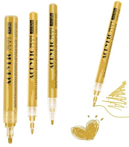 Nurila Acryl Stifte Gold,3er-Set Goldstift 0.7/1.0/2.0 MM, Goldener Stift Stark Deckendes Handlettering Set Für DIY-Projekte Steinmalerei, Keramik, Holz, Glas, Metall, Kunststoff