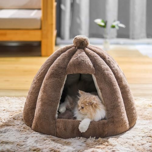 Katzen- und Hundehöhle, tragbares Haustier-Iglu-Zelt, mit abnehmbarem, waschbarem Kissen, halbgeschlossen, für kleine und mittelgroße Katzen, warmes Hundehütte (Kaffee, L-56 x 48 cm)