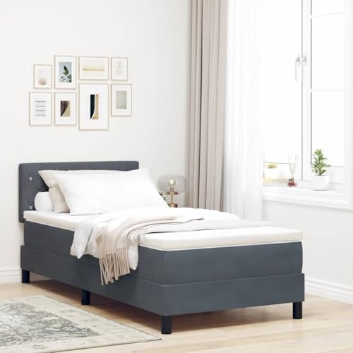 QJBSAVVA Boxspringbett Dunkelgrau 90x200 cm Samtstoff Modernes Design Robuste Einzelbett Ausstattung mit Matratze & Topper für Schlafzimmer Jugendzimmer und Gästezimmer