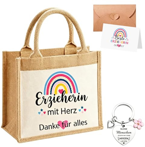 YJAUBKJOG Abschiedsgeschenk Erzieherin，4er Set Jutebeutel Erzieherin Mit Herz, Mit Schlüsselanhänger Und Grußkarte, Passendes Geschenk Erzieherin Abschied Für Den Kindergarten.