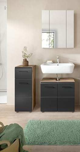 möbelando freiraum Badkombination Ice – 3-teiliges Badezimmer-Set in Nox Oak/Schwarz matt – Standschrank, Waschbeckenunterschrank & Spiegelschrank – 105x185x30 cm – FSC®-Zertifiziert