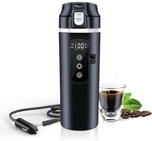 Car Kettle 12V/24V Kettle for Car, Portable Travel Car Kettle with Cigarette Lighter Plug and LED Display, Adjustable Temperature and Auto Shut-Off, Electric Heating Cup for Cars and Trucks (450ml)