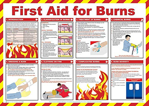 PDL – Pegdev - First Aid Laminated Health & Safety Poster - A2 Landscape, Prevent Accidents, First Aid for Burns.