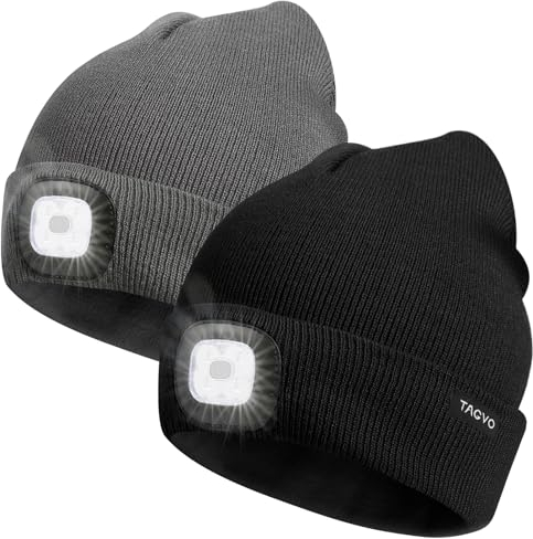 TAGVO LED Gorros, Gorros Iluminación y Destellando de Linternas Frontales, Fácil Instalación, Liberación Rápida, Gorro de Hombres y Mujeres, Invierno USB Recargable Cálido Gorro de Punto