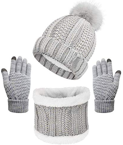 CheChury Stricken Mütze & Schal Damen Weiche Warme Fleece Gefüttert Winter Beanie Strickmütze Zickzack Wurm Winterschal Ski Hut mit Pompom-Grau-One Size