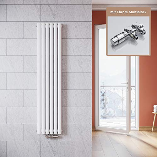ELEGANT Radiateur vertical design blanc 1600x354mm - avec multibloc chromé - thermostat - radiateur tubulaire - double couche - raccord central - pour la salle de bain