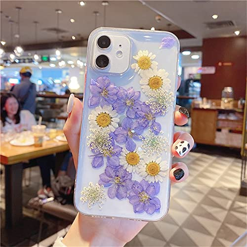 EYZUTAK Case for iPhone 11 6.1 inch, Clear Soft Gel TPU Flexible Rubber Handmade Real Dried Flower Leaf Embedded Pressed Floral Protective Women Girls Back Cover - Purple Flowers&Daisy