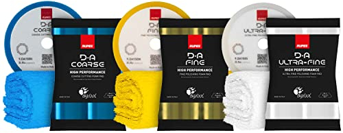 Polierpad Set: Rupes Bigfoot Polierschwamm für 125mm Stützteller - D-A Coarse + Fine + Ultrafine Ø130-150mm blau/gelb/weiß (3 STK.) + ChemicalWorkz Premium Poliertuch 500GSM | 6-teilig