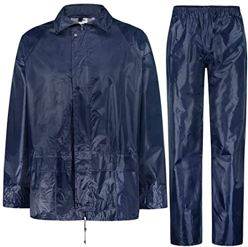 BWOLF HIMALAYA Herren Regenanzug Langarm wasserdicht mit Elastischer Taille Kapuzenjacke Anzug Regenbekleidung Regenjacke + Regenhose 2 Taschen (Blau, 4XL)