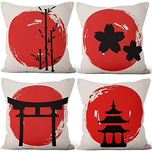 Aoihrraan 41x41cm Confezione Da 4 Copricuscini Divano Nero Edifici Fiore Ciliegio Rosso Biancheria Quadrata Federe Per Cuscini Decorazione In Lino Giapponese Taverna Arredo Casa Soggiorno Tatami