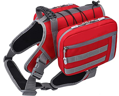 BYGD Hunderucksack für mittelgroße bis große Hunde, Satteltasche für Hunde zum Wandern, Rucksackgeschirr mit Seitentaschen zum Wandern, Spazierengehen, Training, Laufen (L XL Rot)