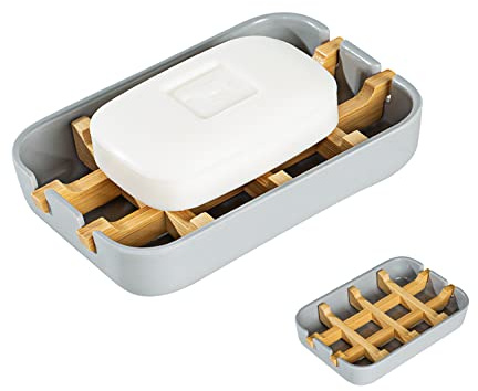 Sansnow Eco-Friendly Bamboo Soap Dishes, Removable Soap/Sponge Holder for Home, Bathtub Soap Tray, Grey
