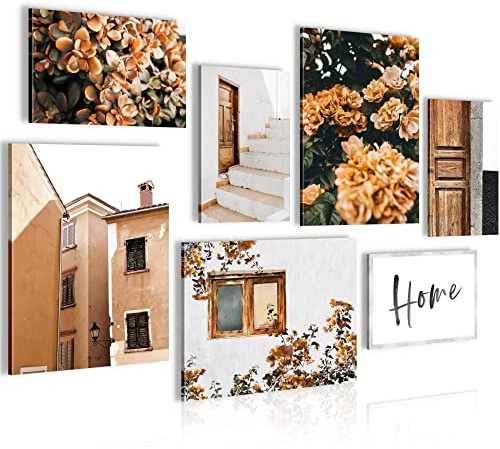 Novart Wandbilder Home Blumen - KOMPLETT AUFHÄNGFERTIG - Orange Wohnzimmer Schlafzimmer Flur - 7 Moderne Mood-Bilder - N010171a