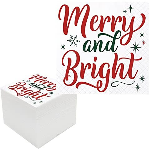 Geloar Weihnachts-Cocktail-Servietten, 100 Stück, Merry and Bright Christmas Papiergetränke, Cocktail-Servietten, Großpackung für Frohe Weihnachten, Geburtstag, Urlaub, Party, Tischdekoration,
