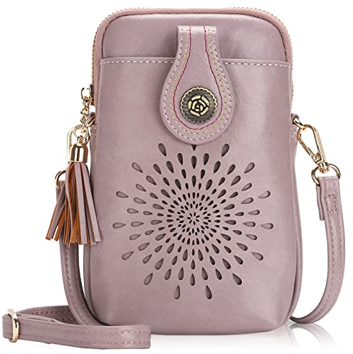 APHISON Designer-Handytaschen für Damen, Sonnenblumen-Quaste, veganes Leder, Umhängetasche, kleine Crossbody-Tasche für Damen, Handy-Tasche bis zu 17 cm, mit verstellbarem langem Riemen, 163-1purple