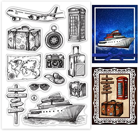 GLOBLELAND Vintage Travel Clear Stamps für DIY Scrapbooking Dekor Flugzeuge Koffer Kompasse Karten Sonnenbrillen Kameras Boote Transparente Silikonstempel zum Erstellen von Karten Fotoalbum