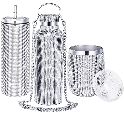 Youyole 3 x Diamant-Wasserflasche, Strass-Wasserflasche, Glitzer, Thermobecher mit Kette, glitzernde Tassen mit Deckel, Strasssteine, Edelstahl, Thermoflasche für Damen und Mädchen (klassischer Stil)