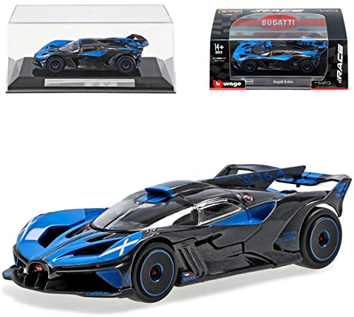 alles-meine.de GmbH Bugatti Bolide Blau mit Schwarz 2020 mit Sockel und Vitrine 1/43 Burago Modell Auto mit individiuellem Wunschkennzeichen