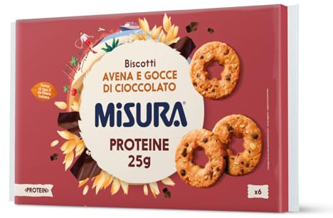 Misura Protein Biscotti Gocce di Cioccolato e Avena, Proteine 25 g | Frollini con Farina di Tipo 2 da Filiera Italiana, Ricchi di Proteine Vegetali, Confezione da 6 pacchetti da 6 Biscotti, 260g